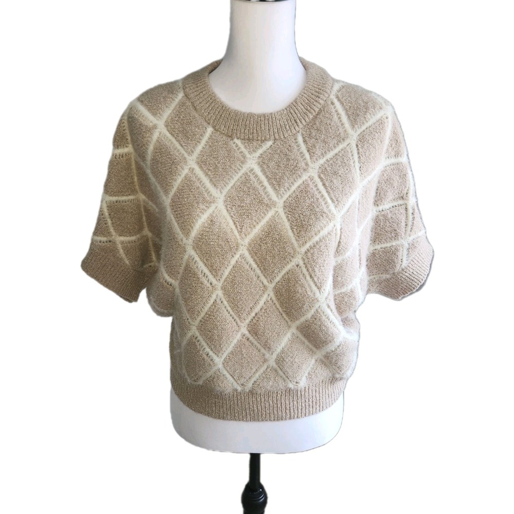 Halogen "Diamond Stitch" Short-Sleeve Sweater Beige & Cream‎ - Sz Small